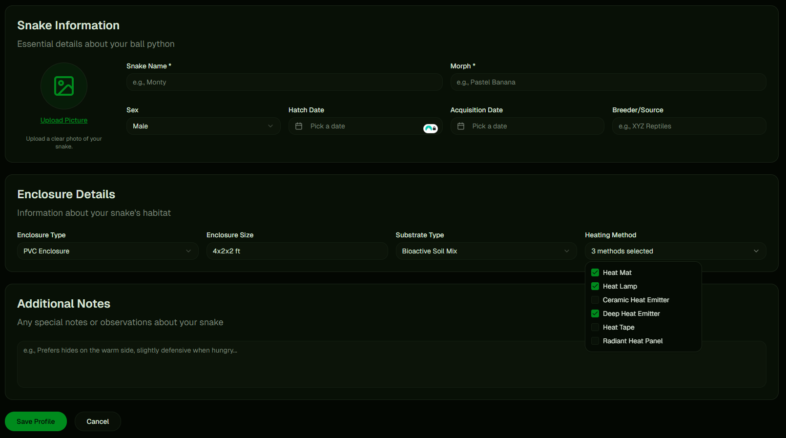 Snake Profile & Enclosure Details screenshot
